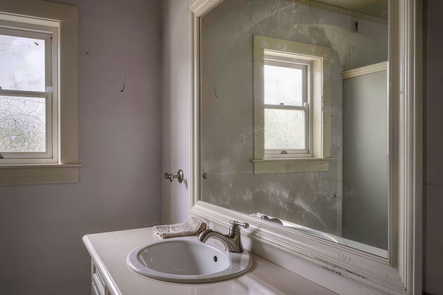 Powder-room vanity with a polished mirror, dry basin and folded hand towel