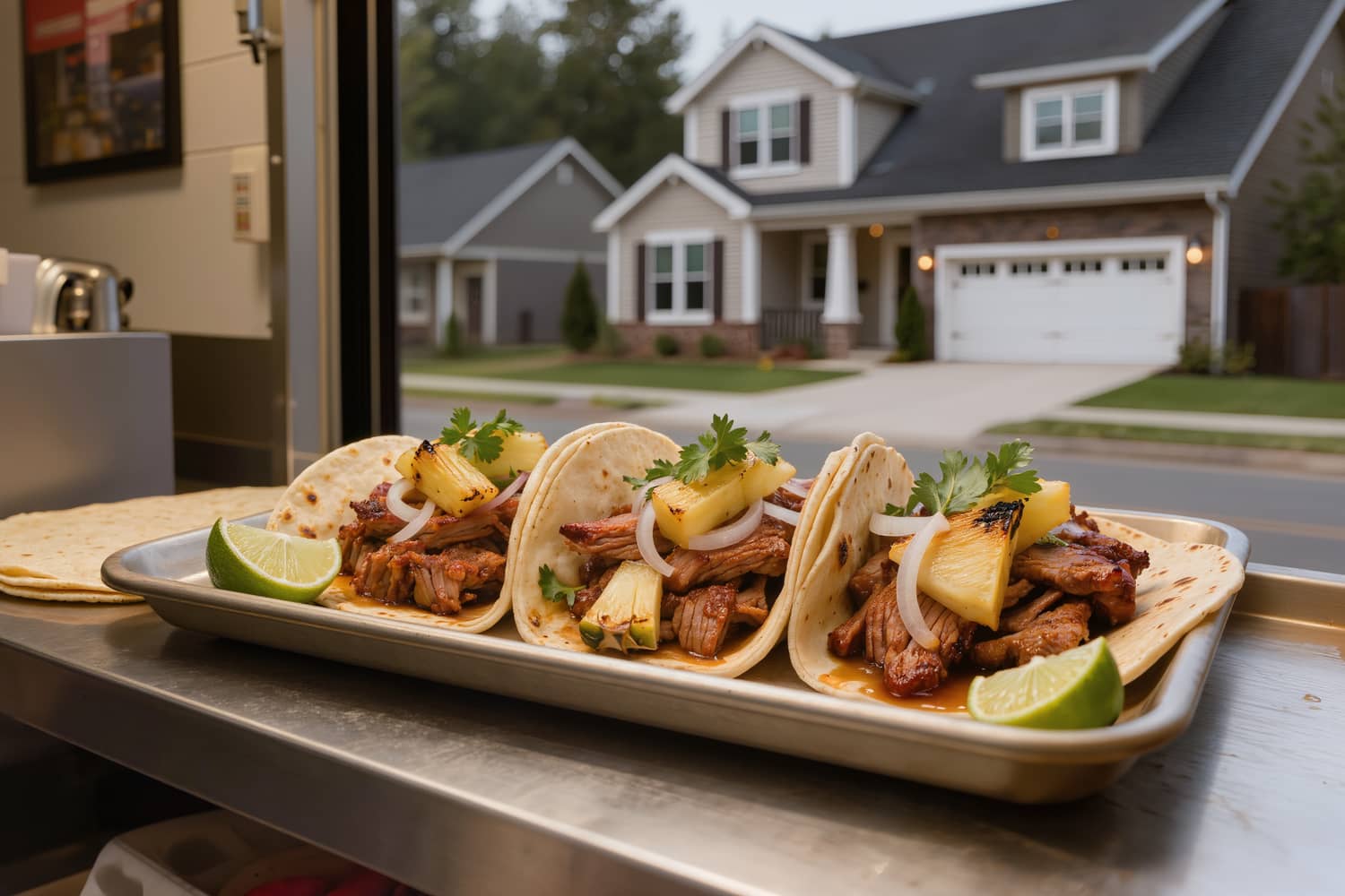Three al pastor tacos on hand-pressed tortillas with grilled pineapple and lime