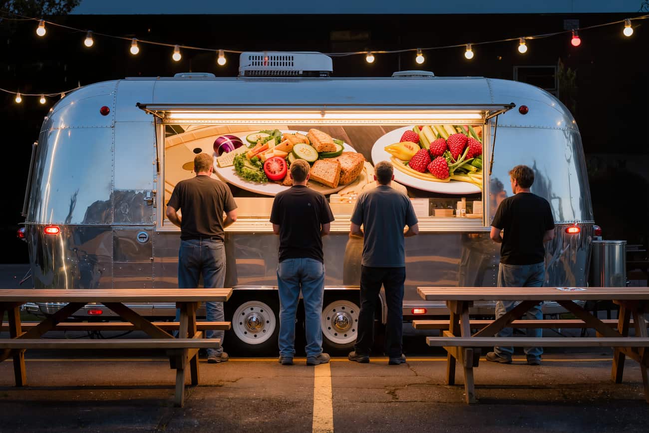 Line of customers waiting at a lit trailer window on a food-truck lot at dusk