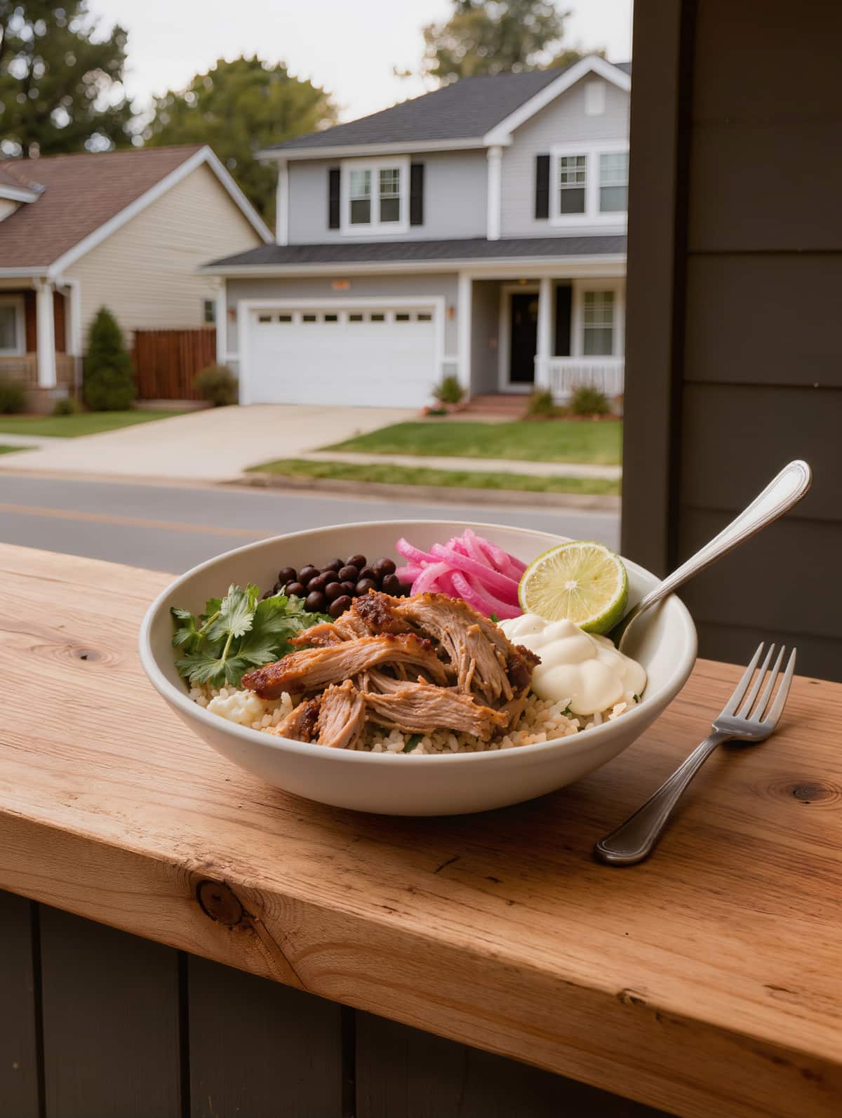 Carnitas bowl shot from above with rice, black beans, pickled onion and crema