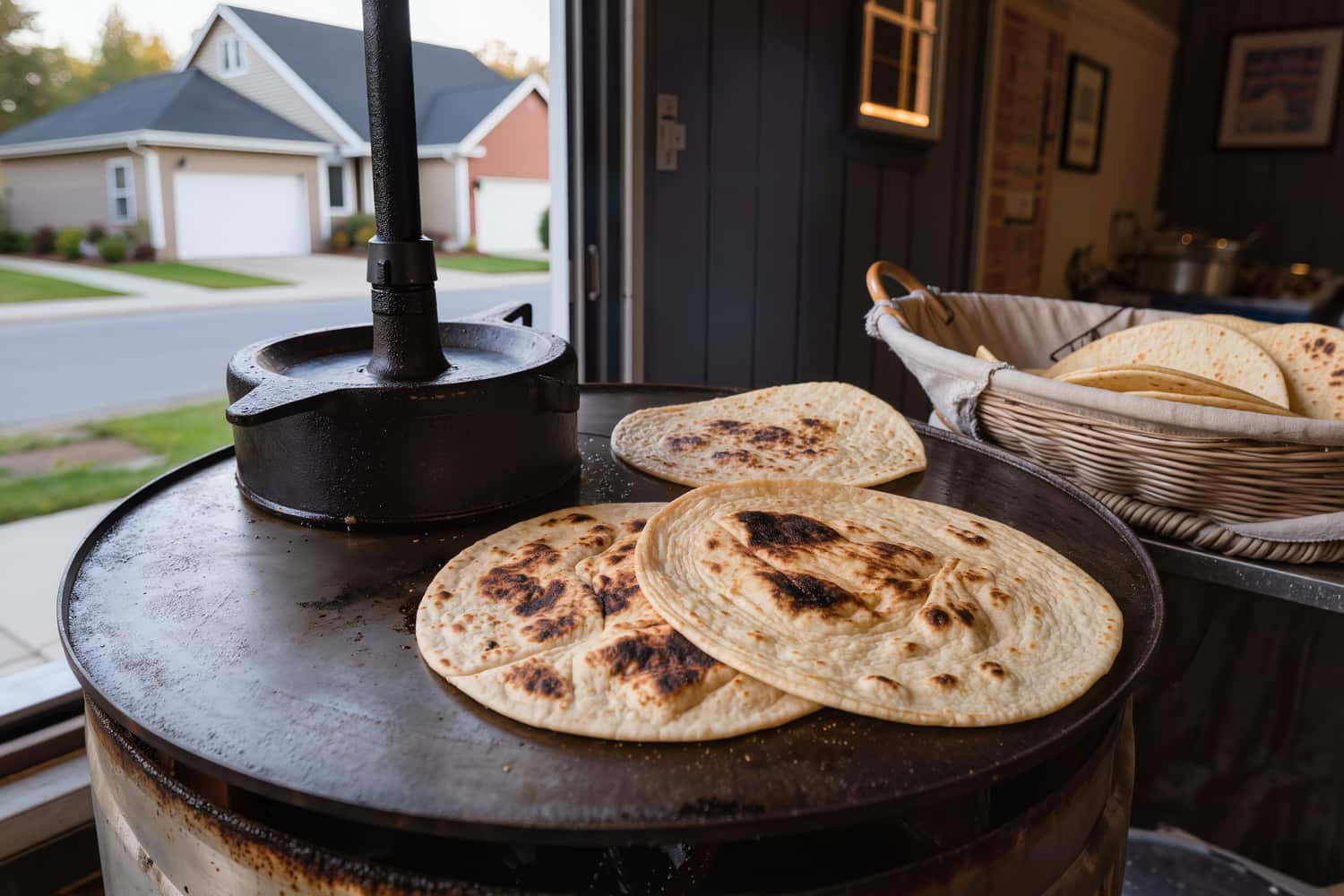 Hand-pressed tortillas blistering on a hot comal during morning prep