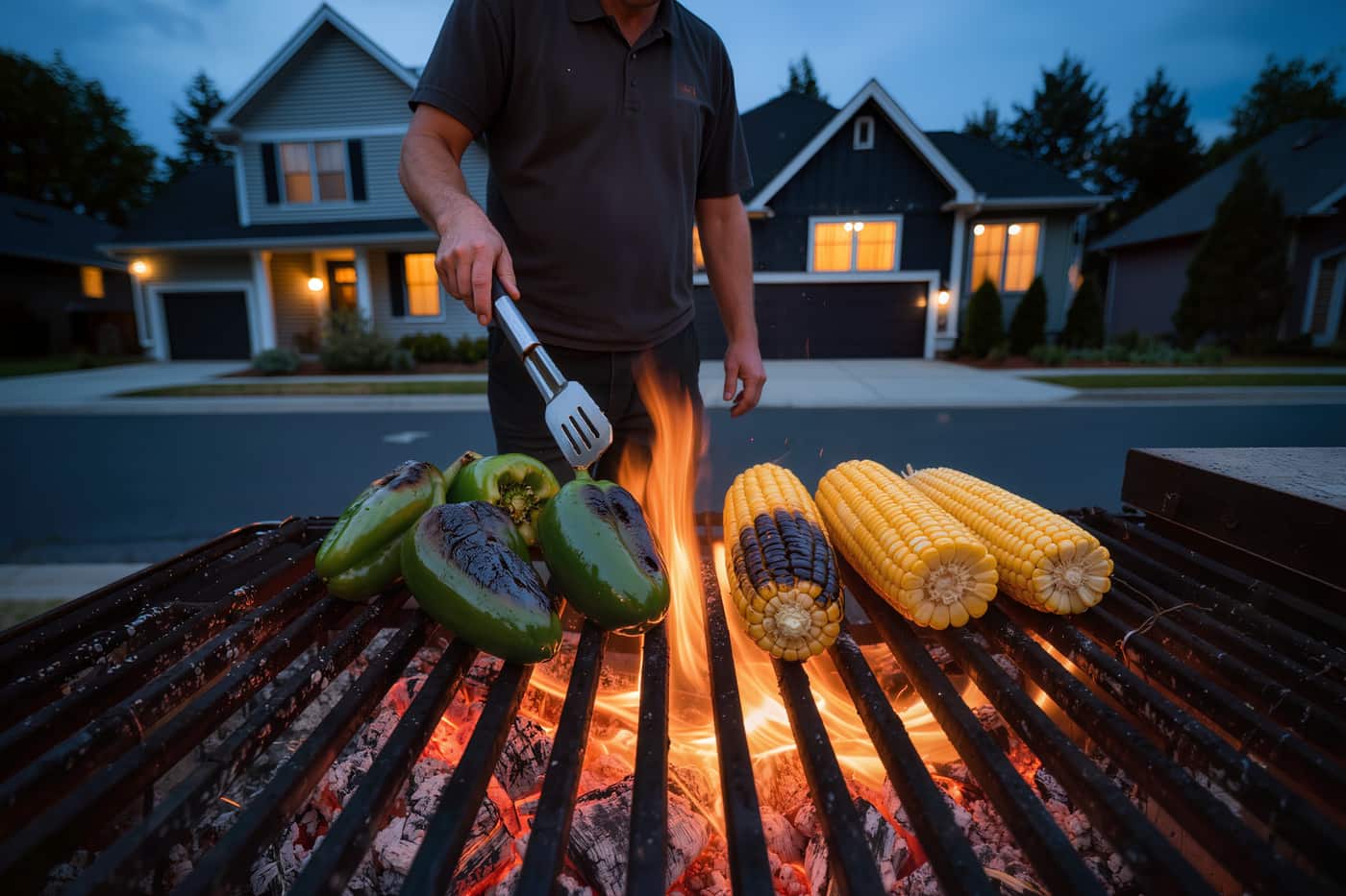 Cook turning charred poblanos and corn over a live wood fire at dusk