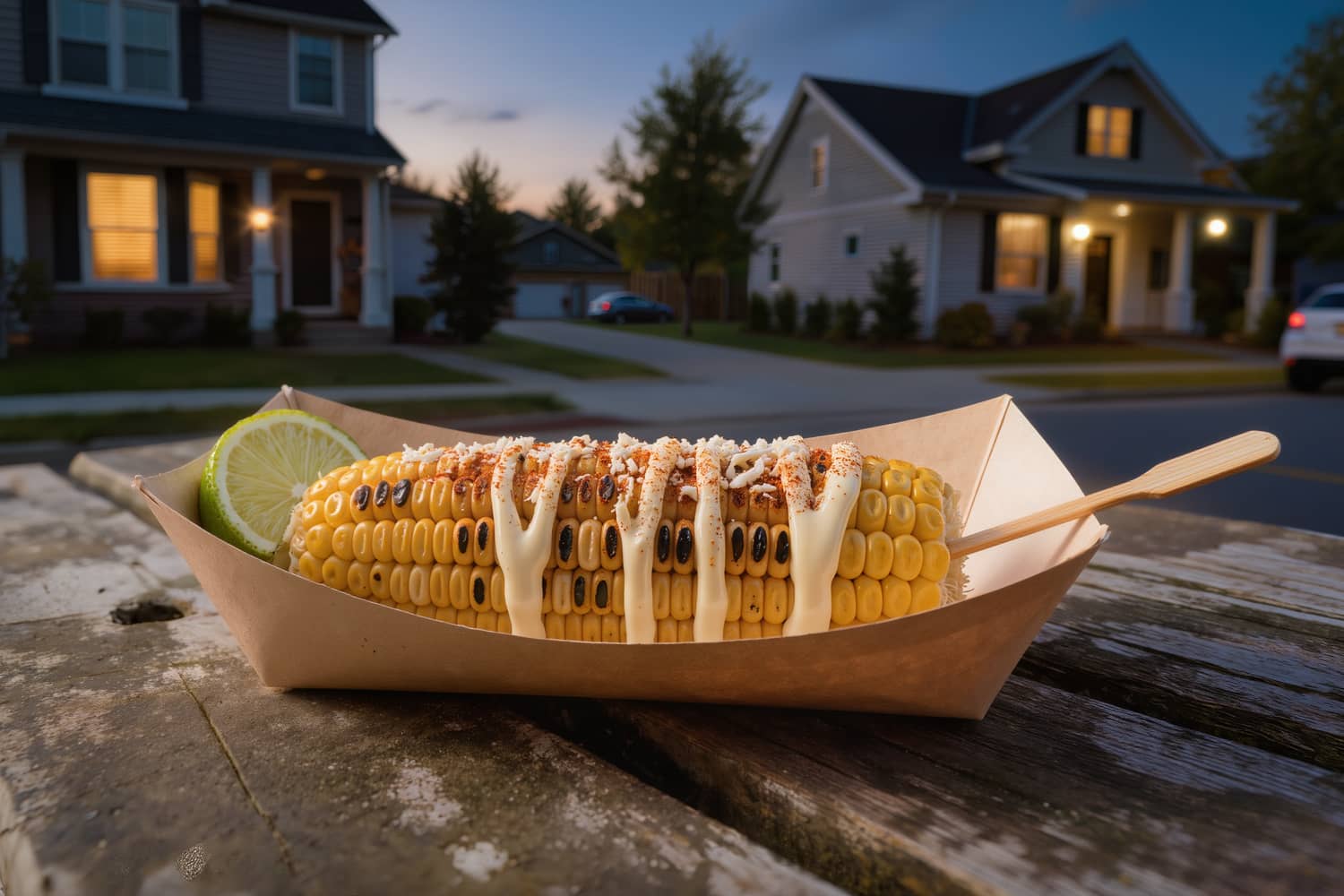 Grilled elote in a paper boat on a picnic table under string lights