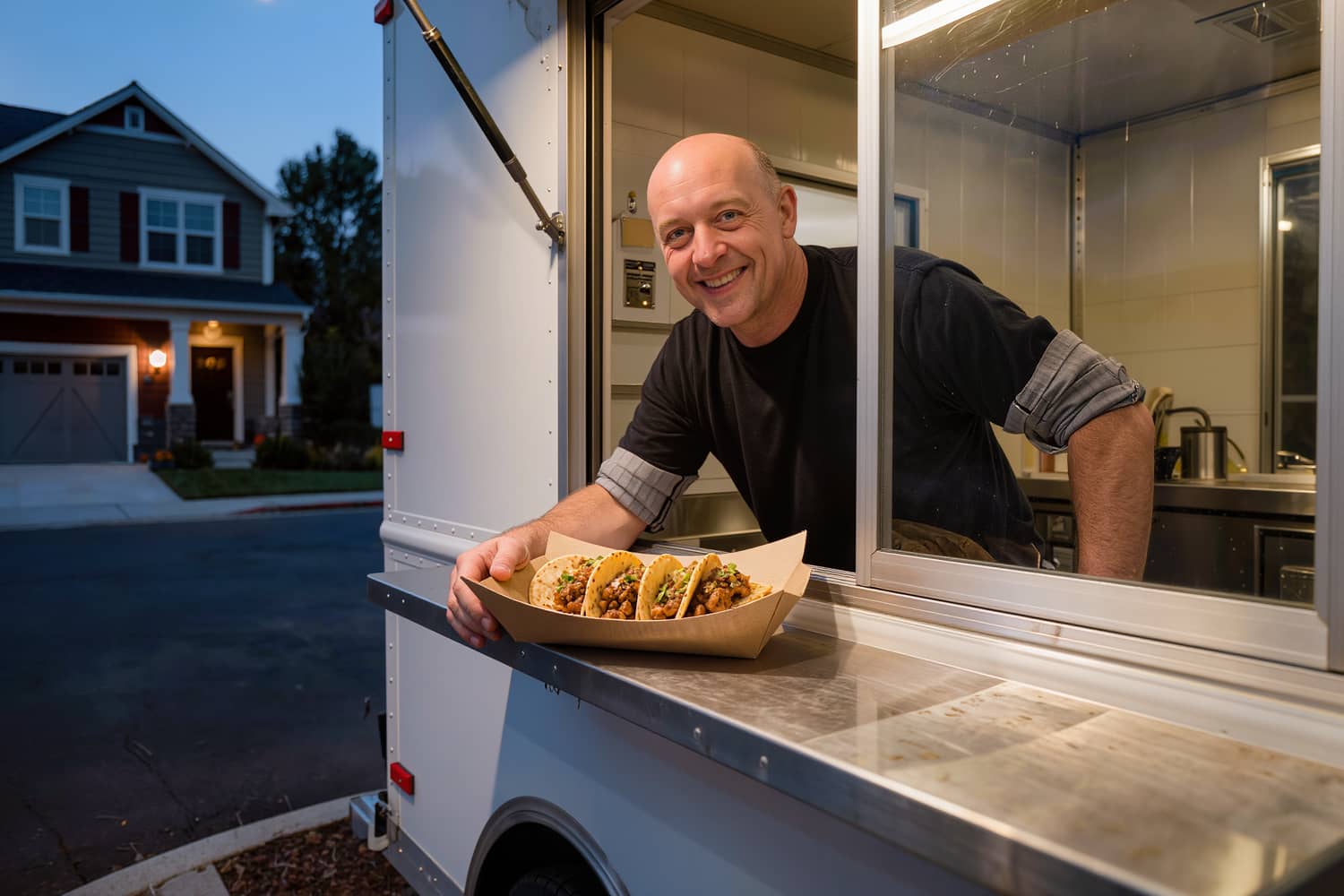Tray of tacos set on the counter rail through the truck's service window at dusk
