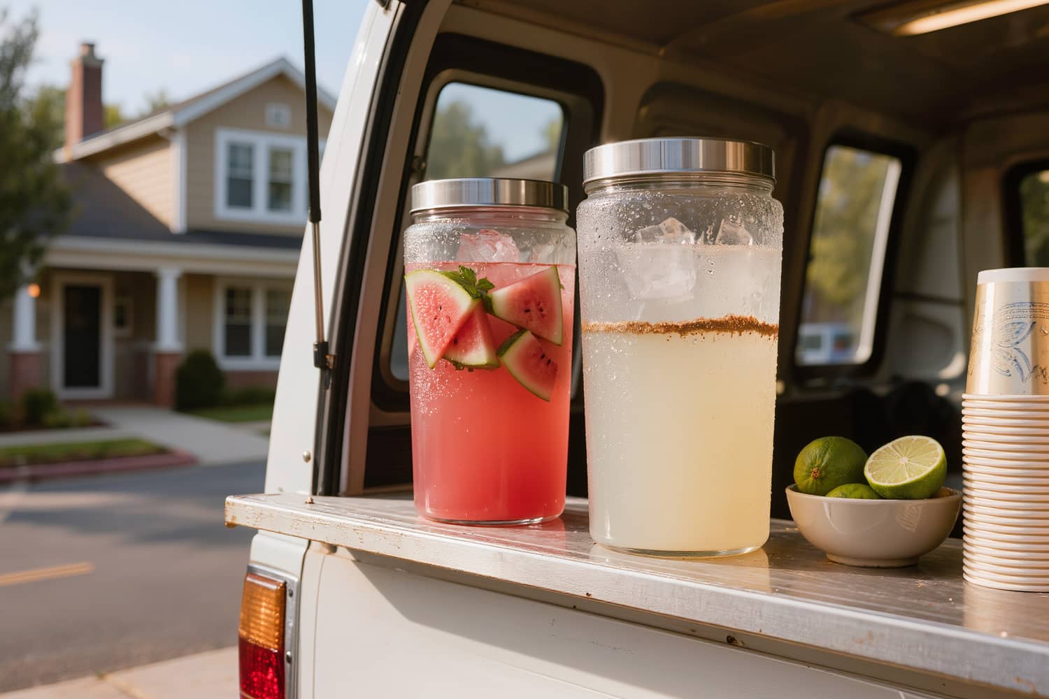 Glass dispensers of watermelon and horchata aguas frescas beaded with condensation