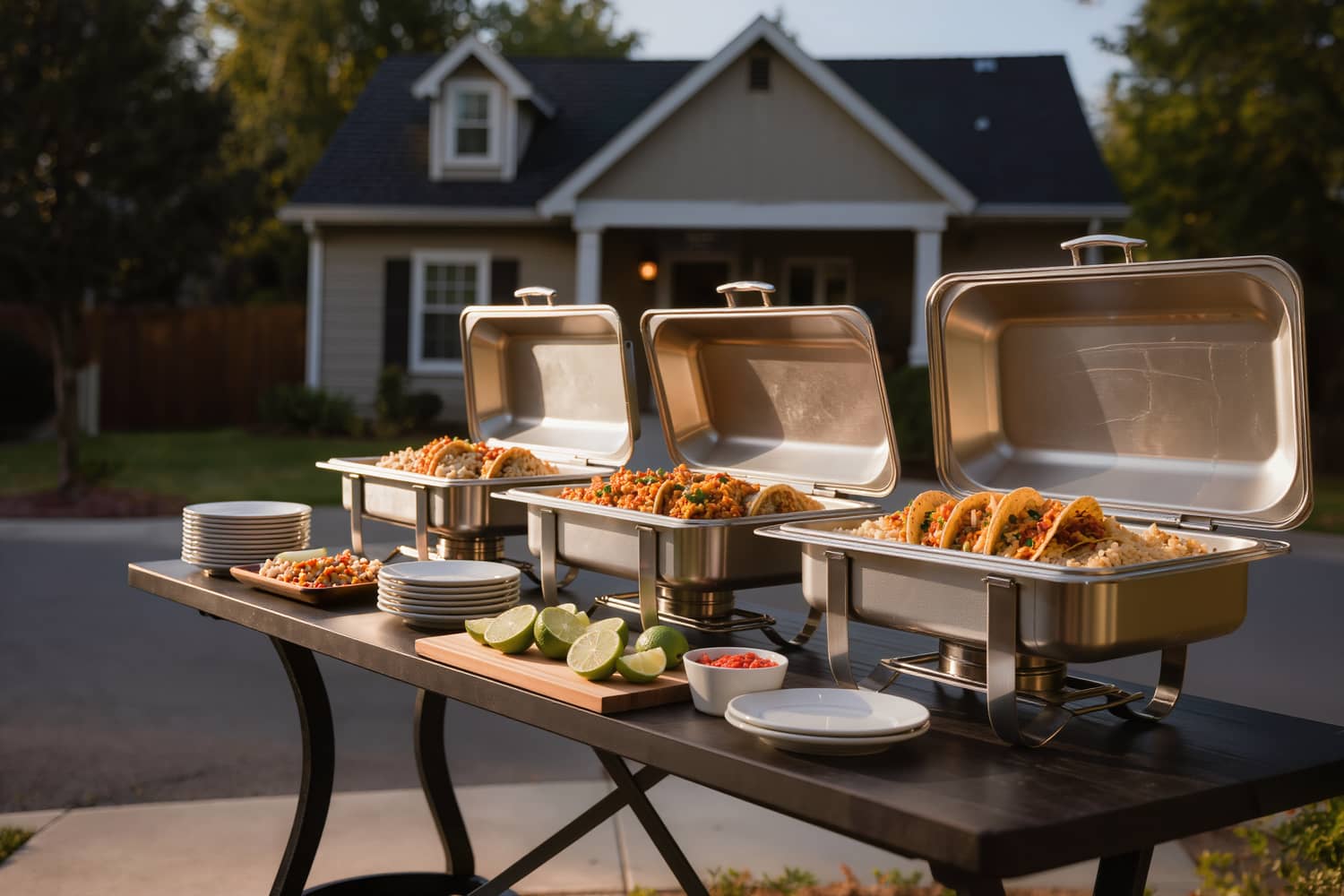 Catering spread of chafing trays, plain plates and cut limes at a backyard event