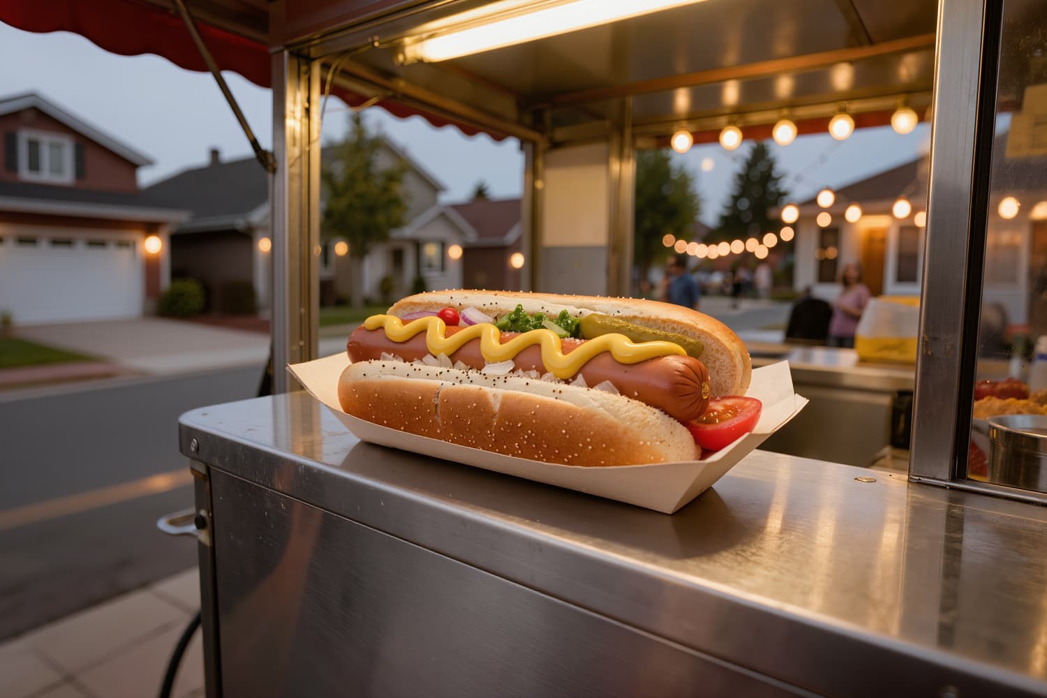 Chicago-style hot dog with relish, onion, tomato, sport peppers and a pickle spear