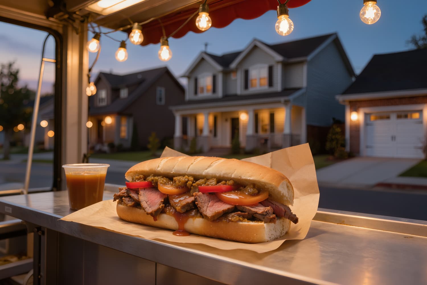 Italian beef on a dipped roll with sweet peppers and a cup of gravy on butcher paper