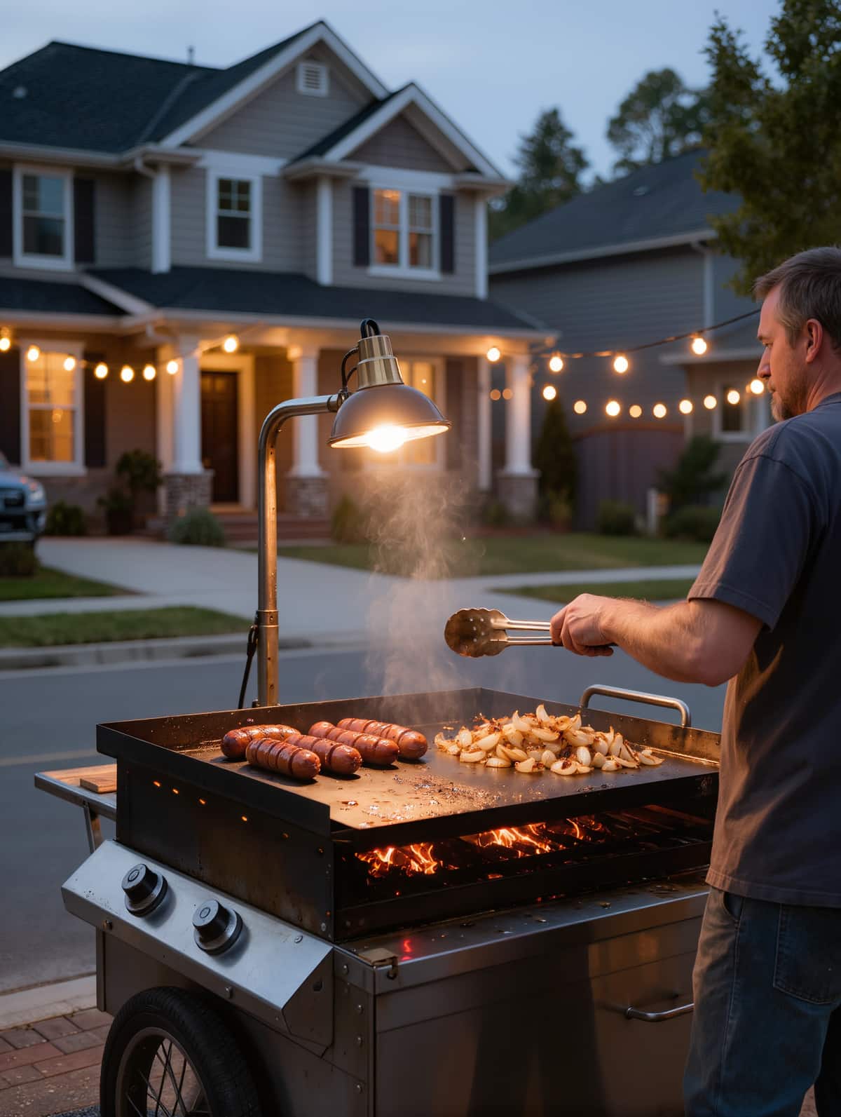 Cook working polish sausages and caramelising onions on the cart's flat-top at dusk