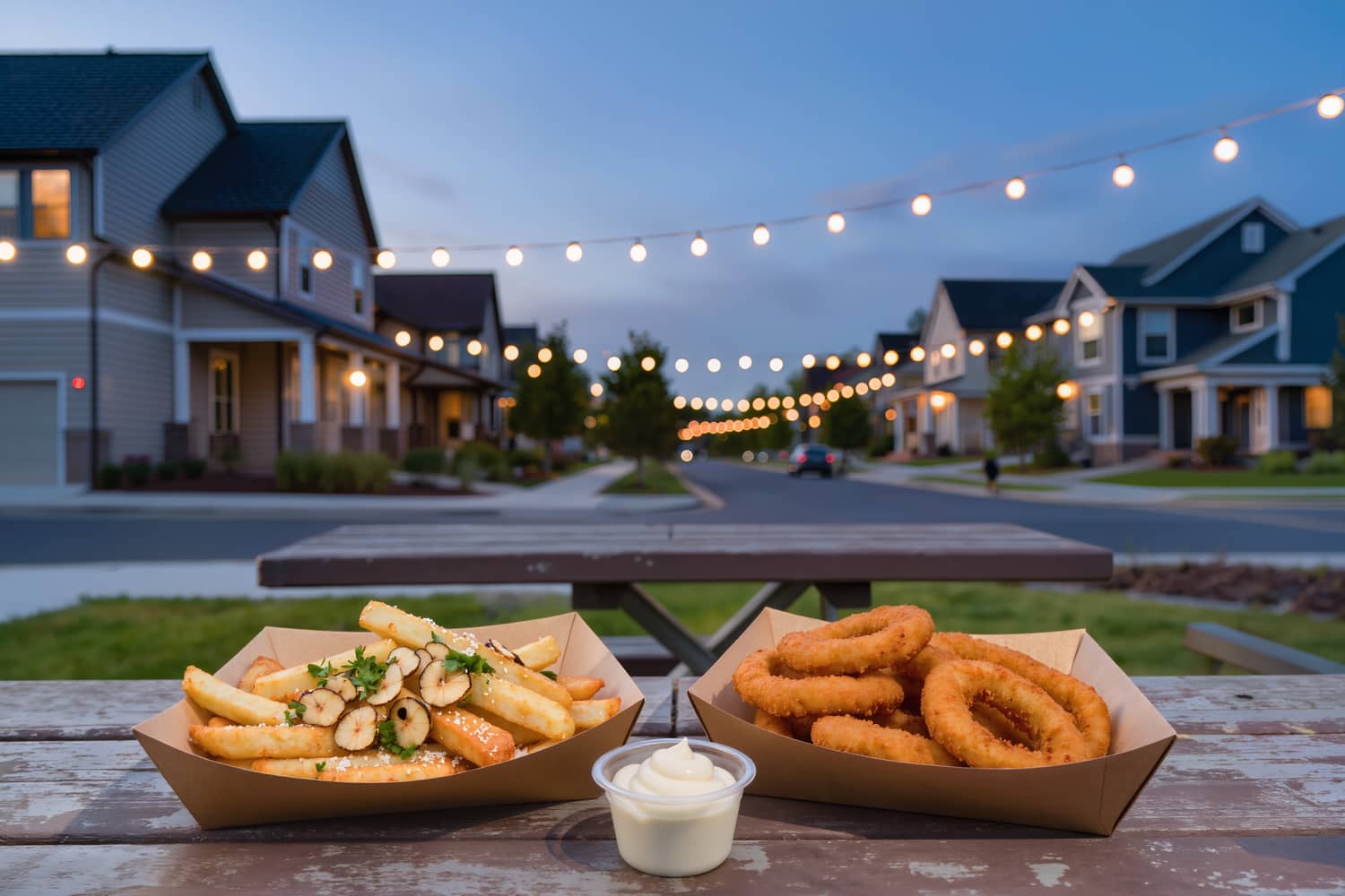 Garlic fries and onion rings in paper trays shot from above on a picnic table