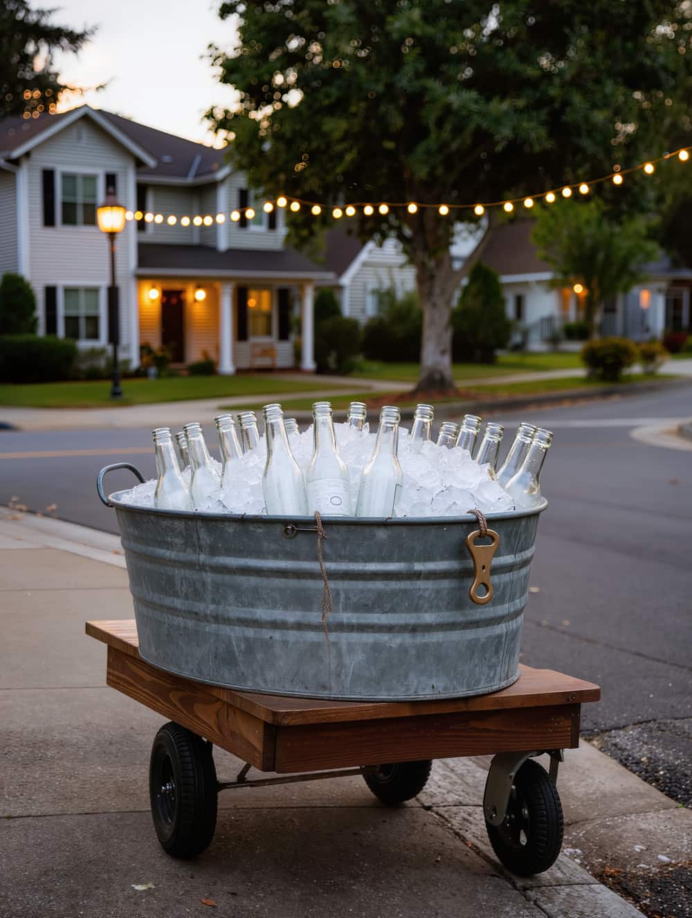 Galvanised tub of ice packed with plain glass bottles at the cart's end table
