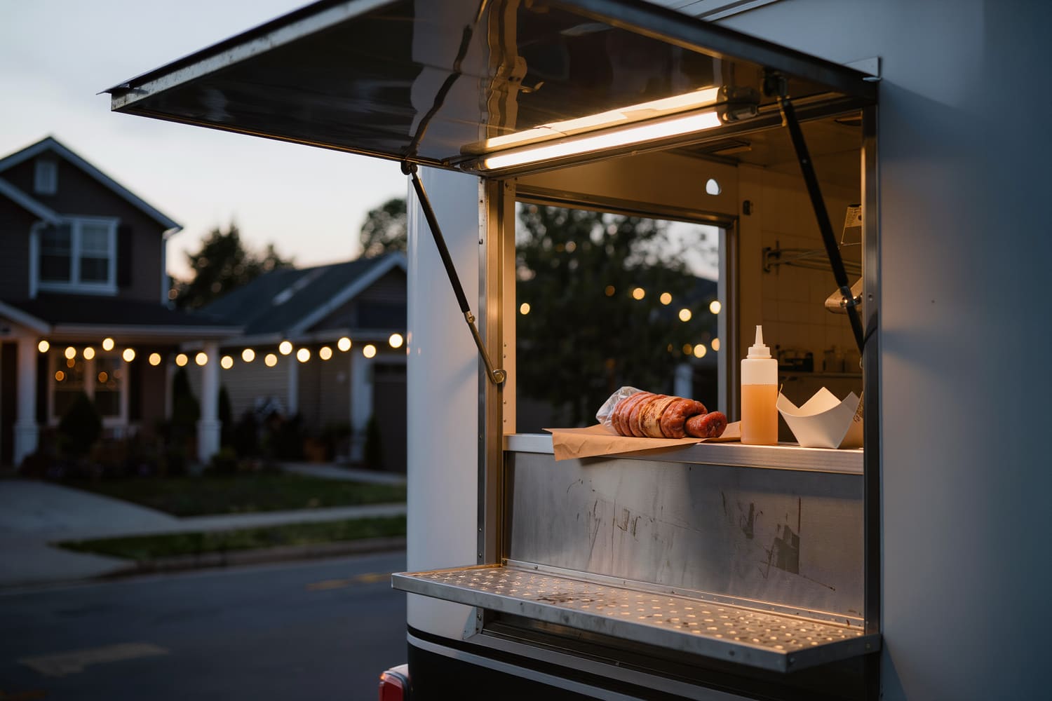 Cart service window at dusk with warm work light and a sandwich waiting on the rail