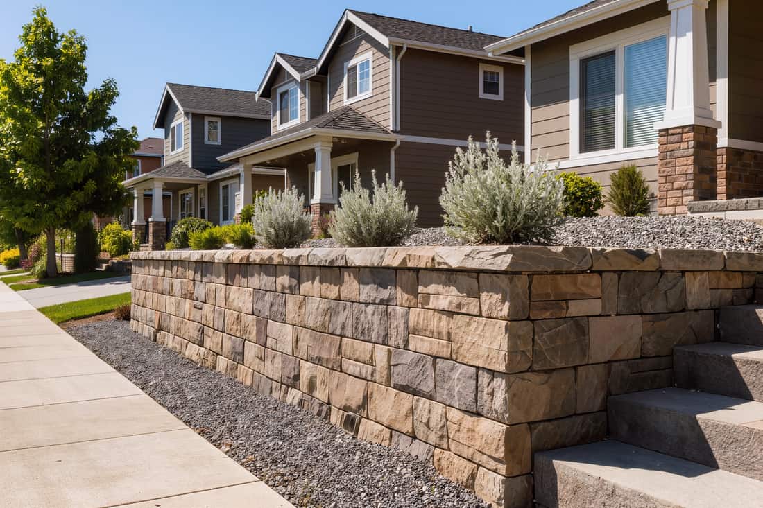 Dry-stacked stone retaining wall with native sage planted along the upper terrace