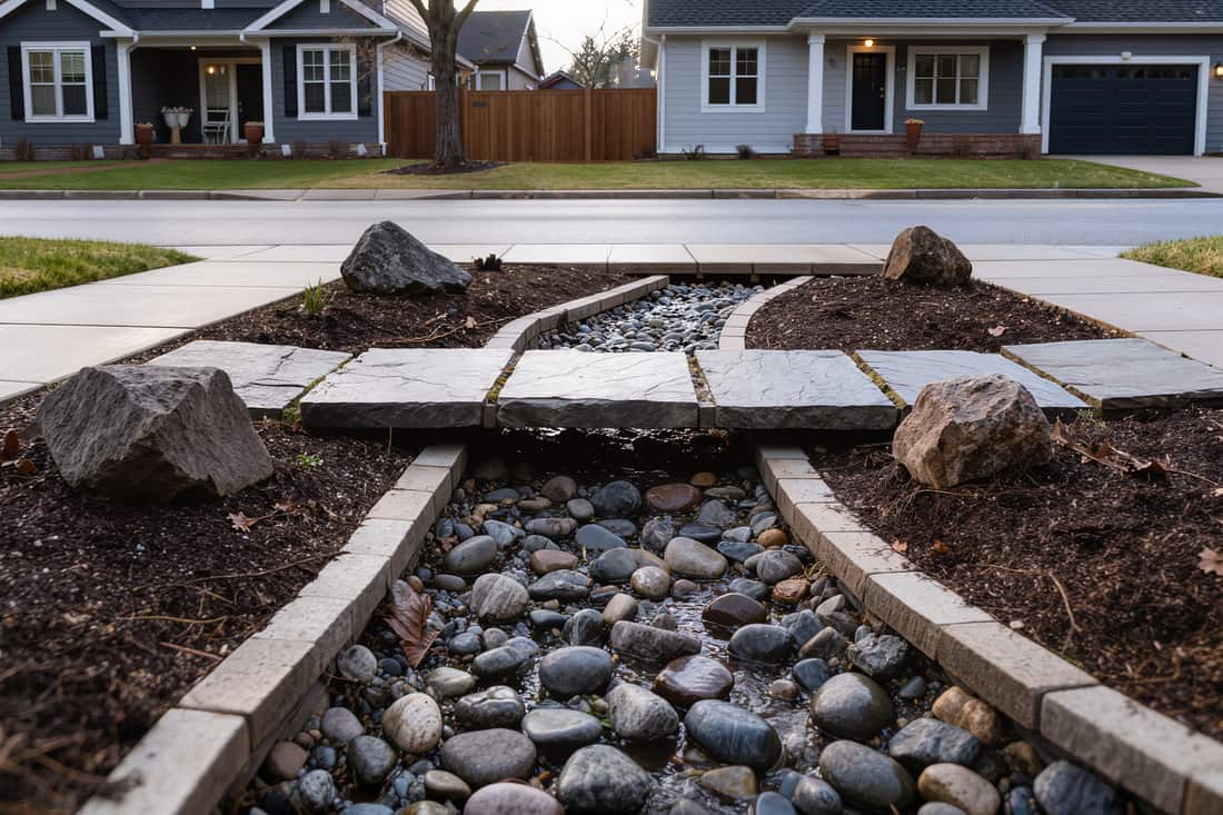 Dry creek bed of river cobble curving between planted beds after overnight rain