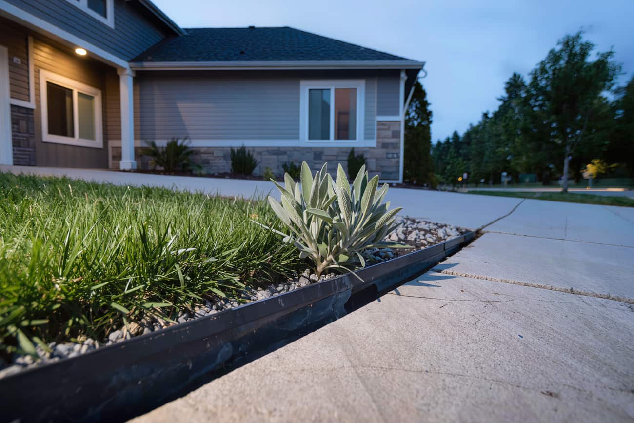 Ground-level view of a clipped lawn edge meeting a gravel-mulched native bed