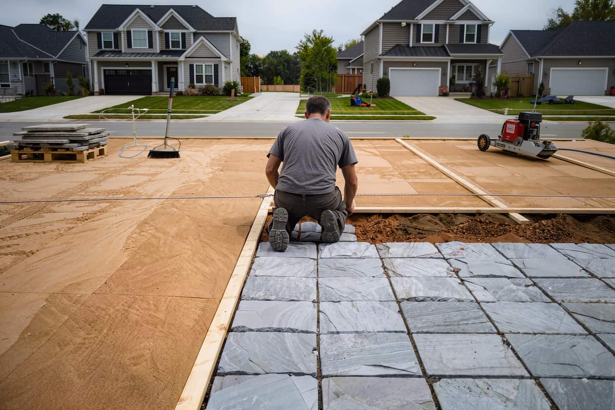 Crew member setting a cut stone paver into a screeded bedding layer mid-build