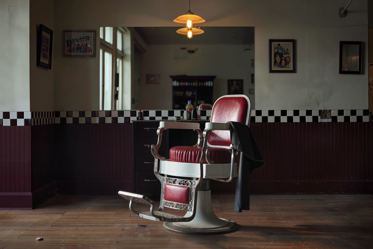 Single vintage barber chair in worn oxblood leather under one warm pendant