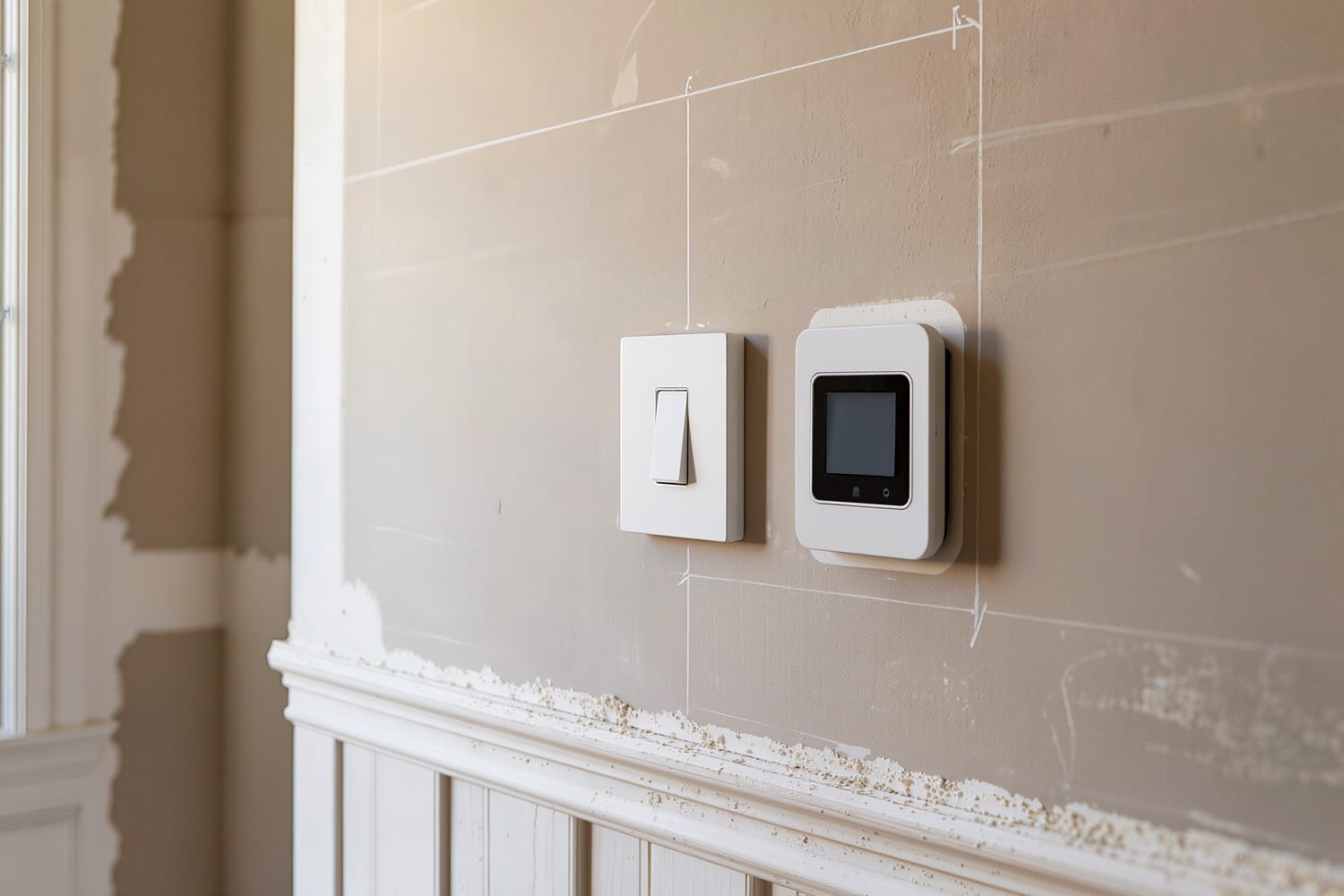 New dimmer switch installed flush beside an unlit wall thermostat on painted drywall
