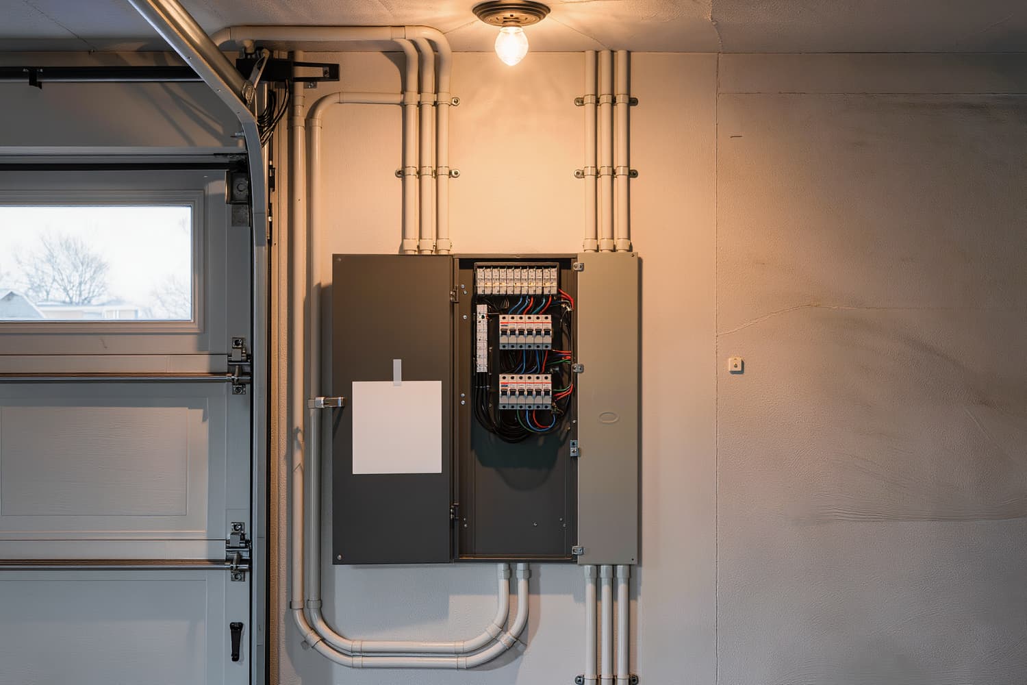 Finished garage sub-panel with the door open, breakers seated and conduit bends dressed