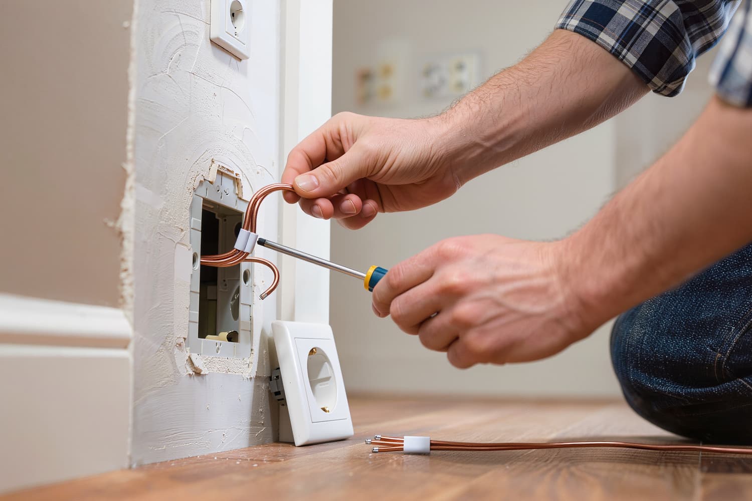 Electrician's hands terminating conductors on a receptacle pulled out of its box