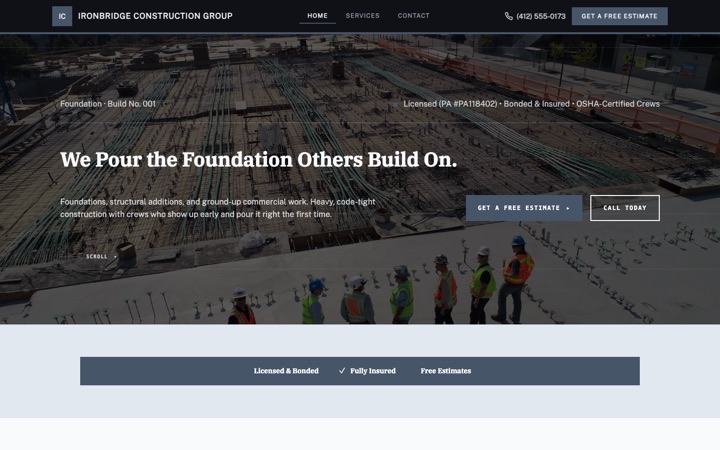 Foundation — live Construction · General Contractor demo site