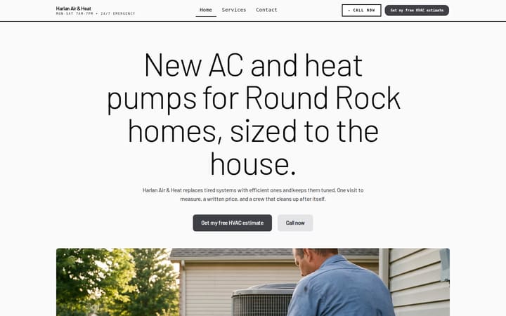 Gauge HVAC website design, top of the homepage
