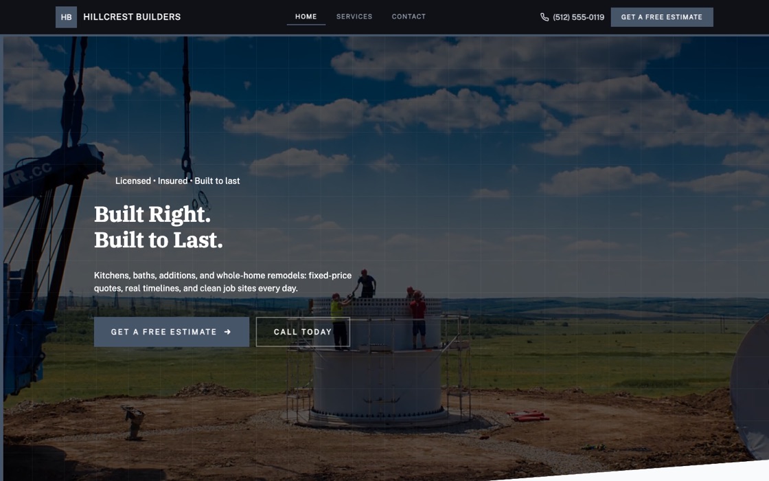 A general contractor website built on Buildrok, showing a project gallery, license row, and service-area structure