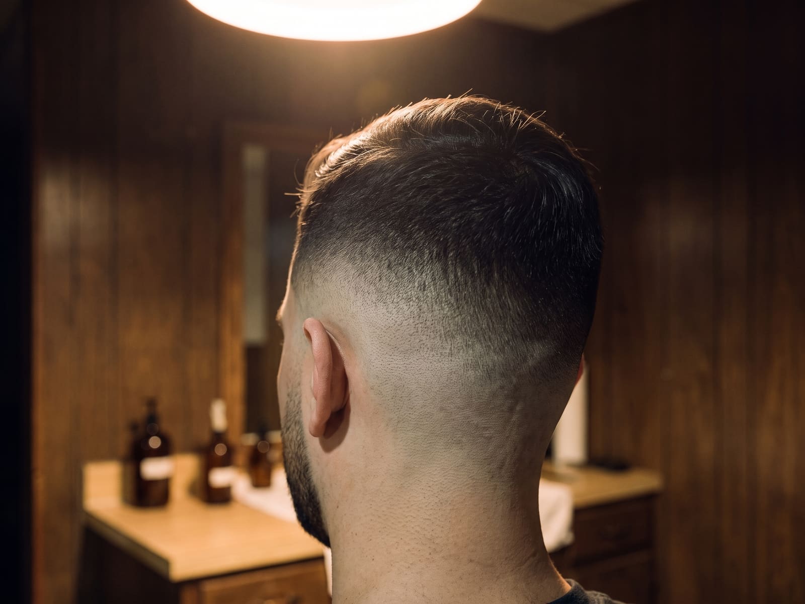 Finished high fade at the back of the head, blended clean through the guard lengths