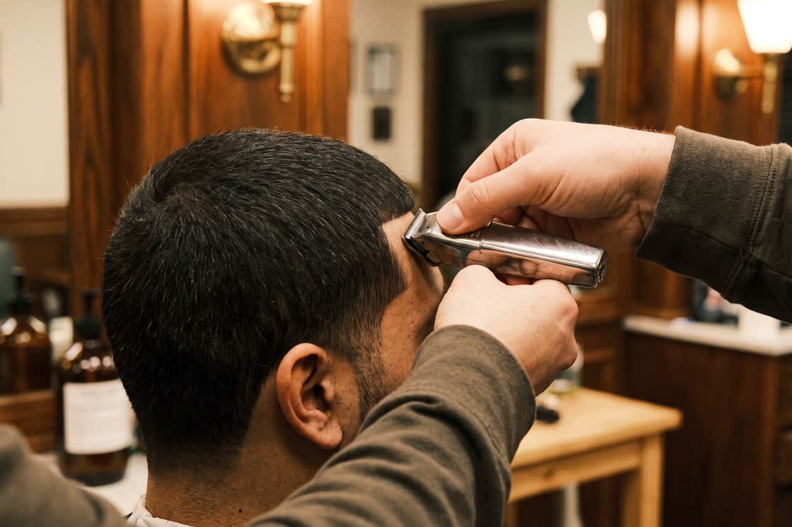 Trimmer squaring a hairline at the temple, seen in tight profile
