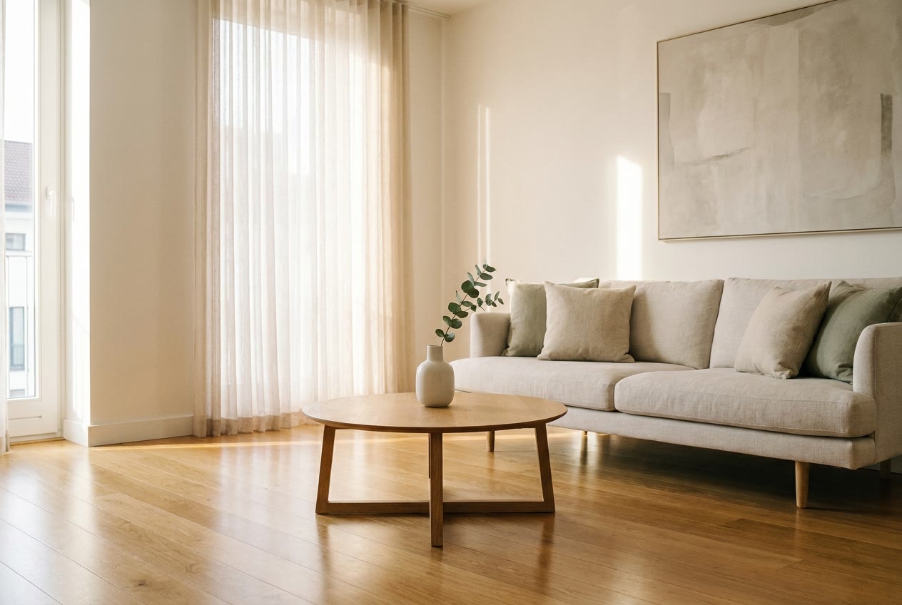 Tidy living room with a linen sofa and a round oak table after a clean