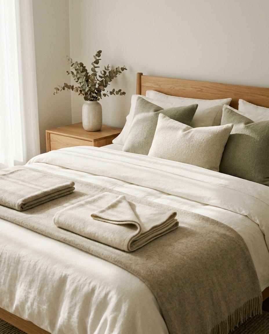 Made bed with linen bedding and folded throws against an oak headboard, eucalyptus on the side table