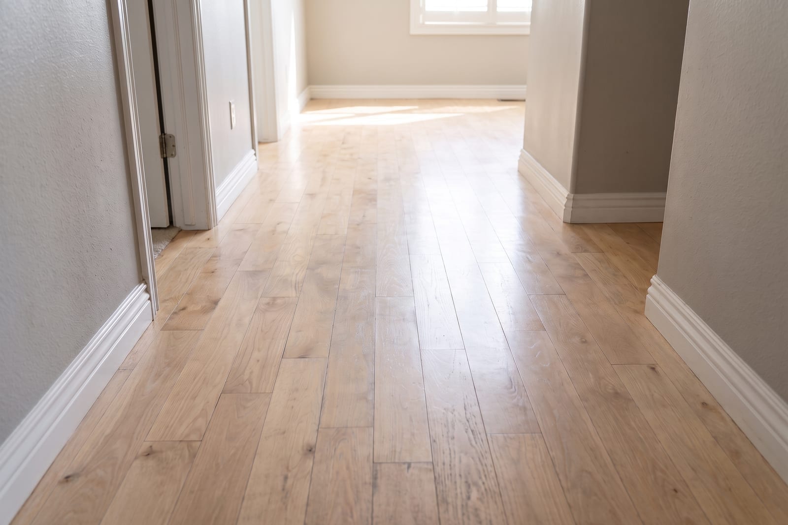 Hallway hardwood after a clean, mopped to an even sheen from wall to wall