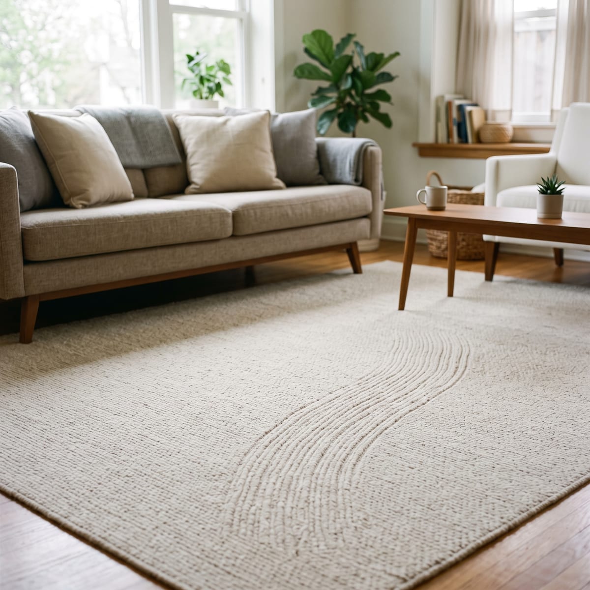 Fresh curved vacuum marks in a pale rug in a sunlit living room with a linen sofa