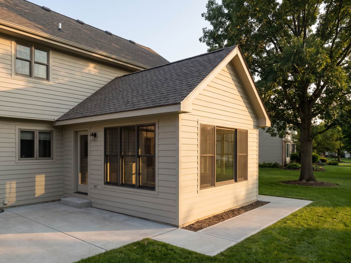 Finished rear addition with siding coursed to match the original and a new roof pitch