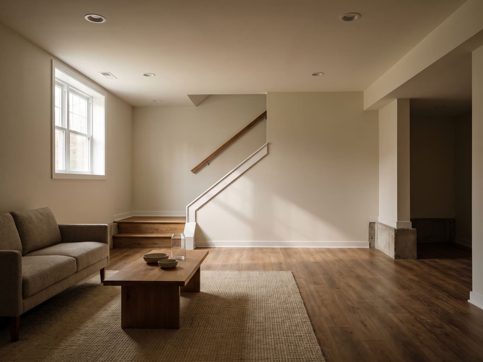Finished basement living space with a level ceiling plane and recessed lighting
