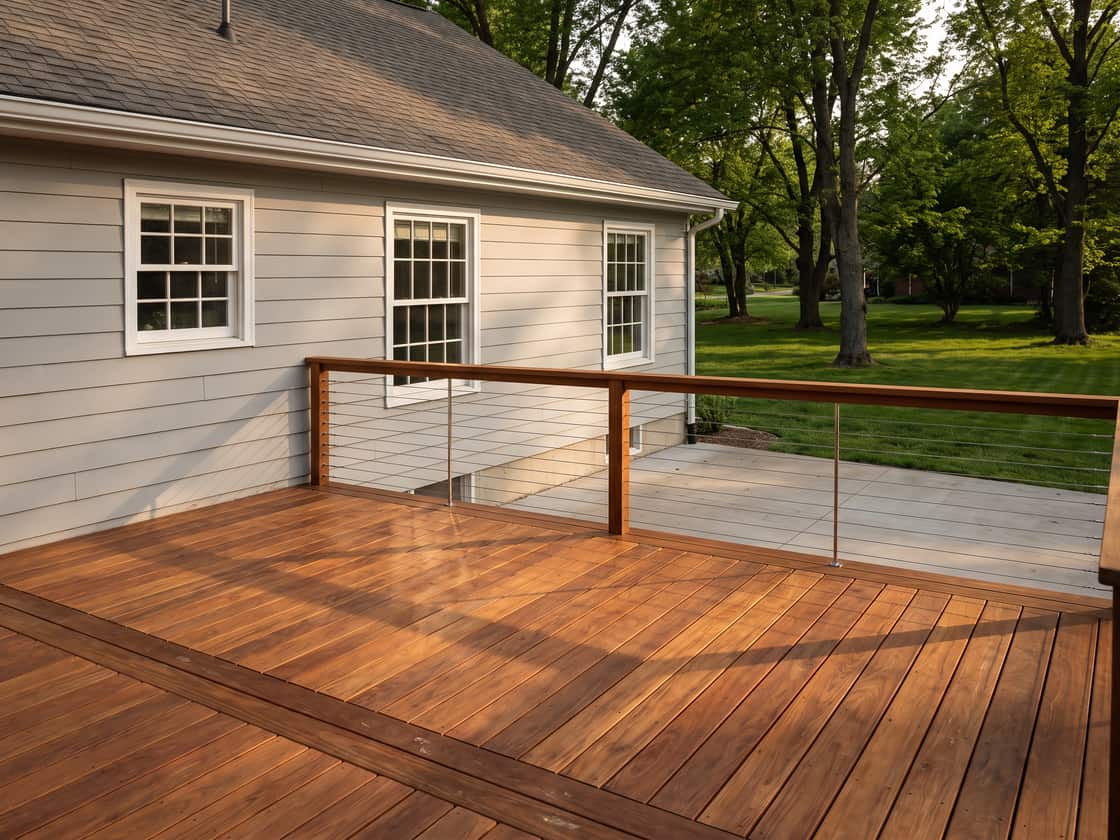 Finished cedar deck with hidden fasteners and tensioned cable railing