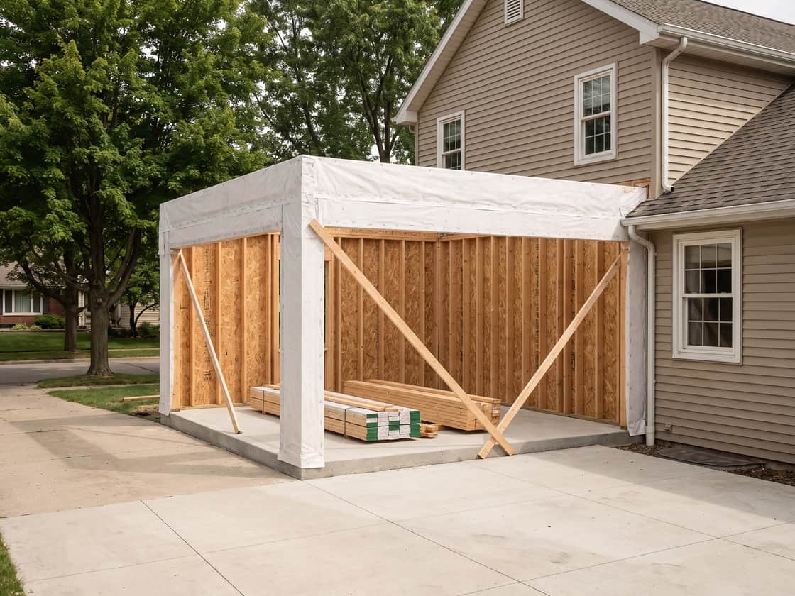 Framed addition at dry-in stage, sheathing on and house wrap taped at the seams