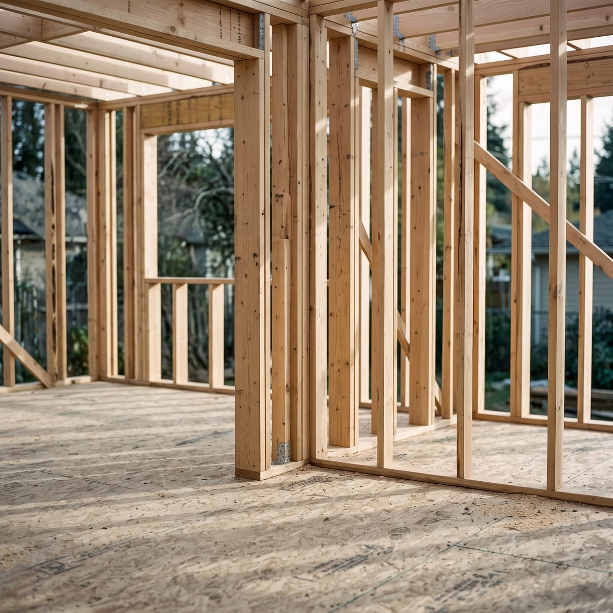 New timber stud framing forming a doorway, daylight raking through the studs onto a swept subfloor