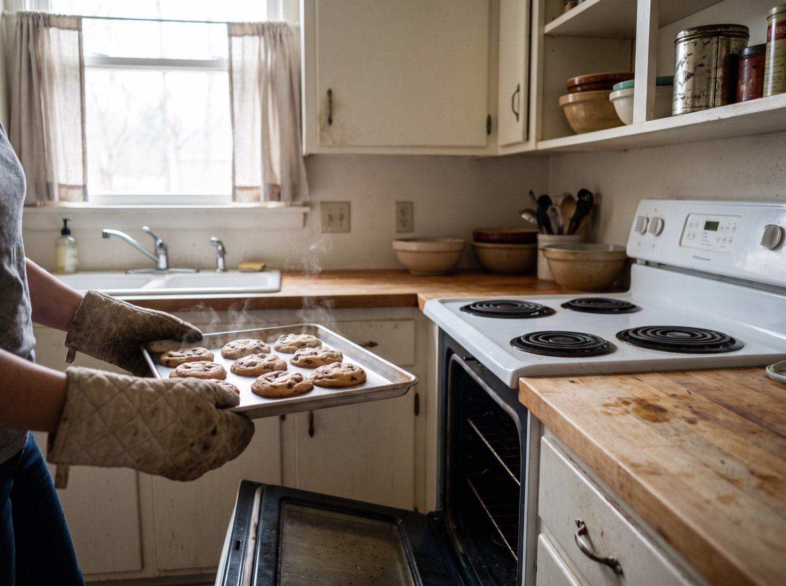 A tray of cookies lifted steaming from a home oven in worn quilted oven mitts