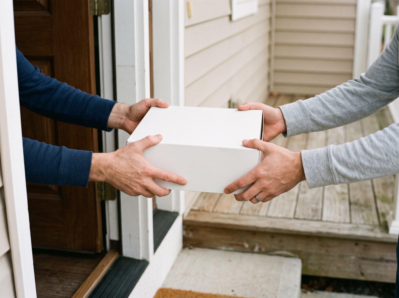 A plain white bakery box passed hand to hand across a doorway onto a wooden porch