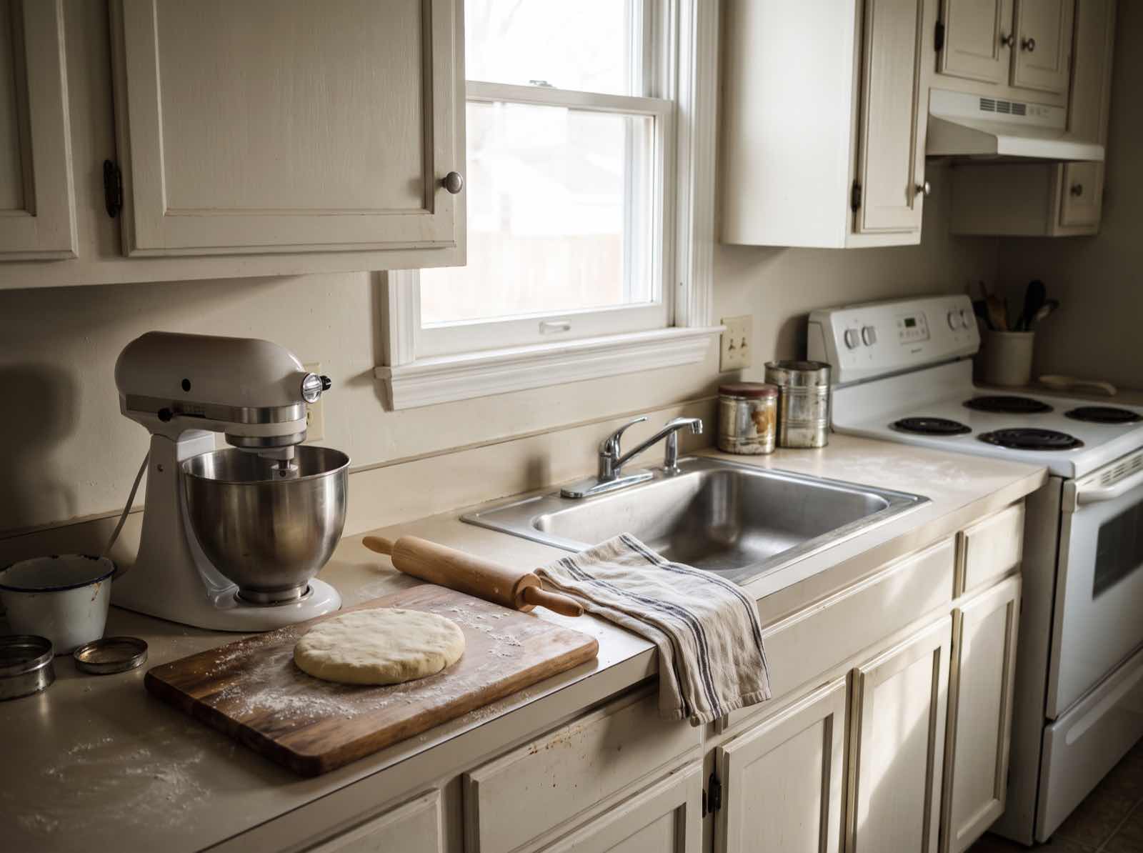 Home kitchen counter mid-bake with a stand mixer, a rolling pin and a round of dough on a floured board