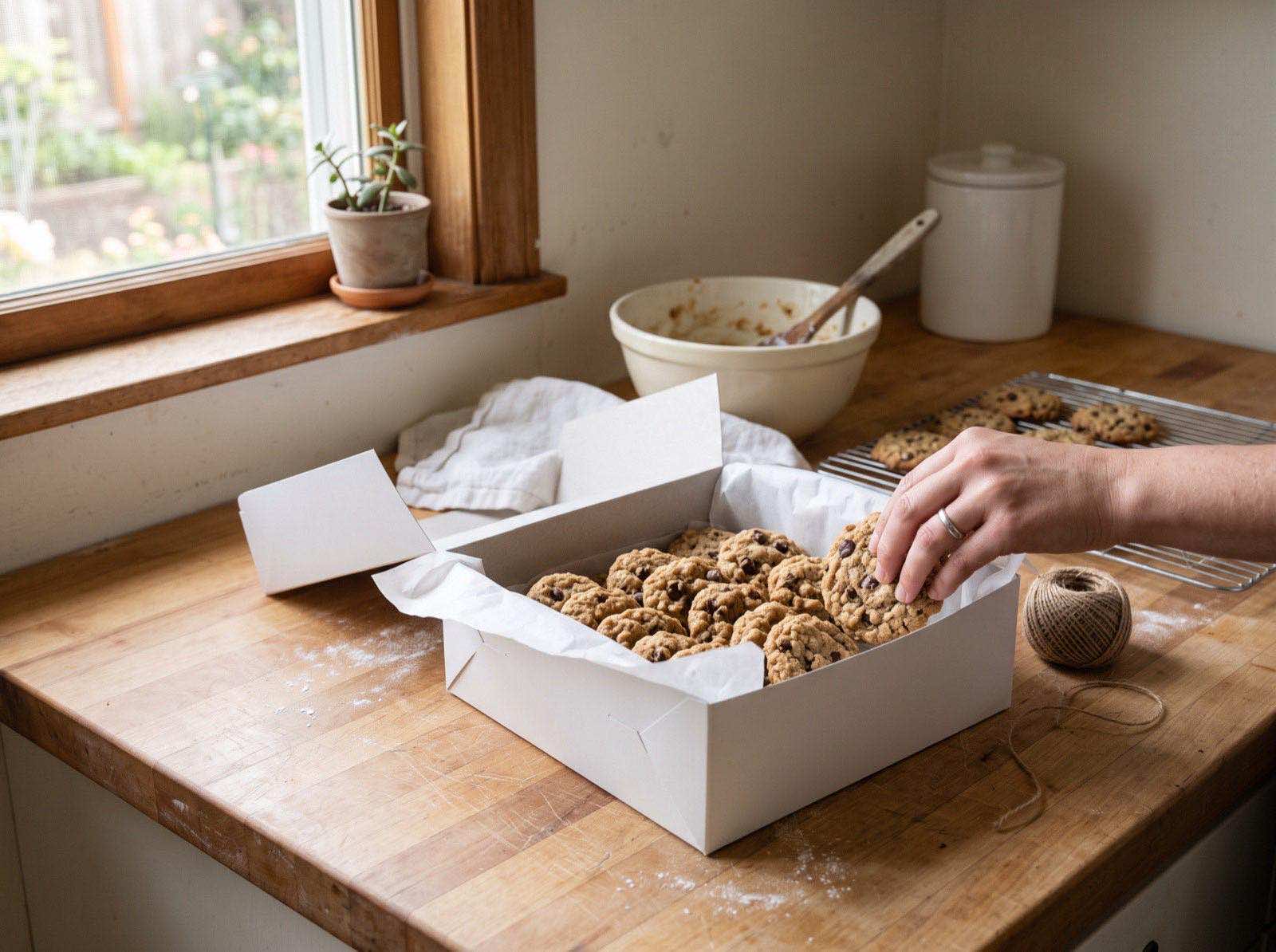 A hand packing chocolate chip cookies into a plain white box lined with tissue, a ball of twine alongside