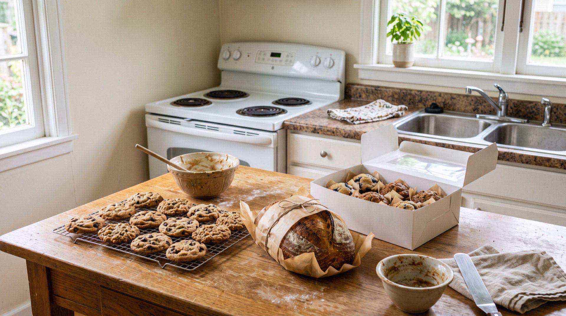 Home kitchen table with cookies cooling on a rack, a paper-wrapped loaf tied with twine and an open box of muffins