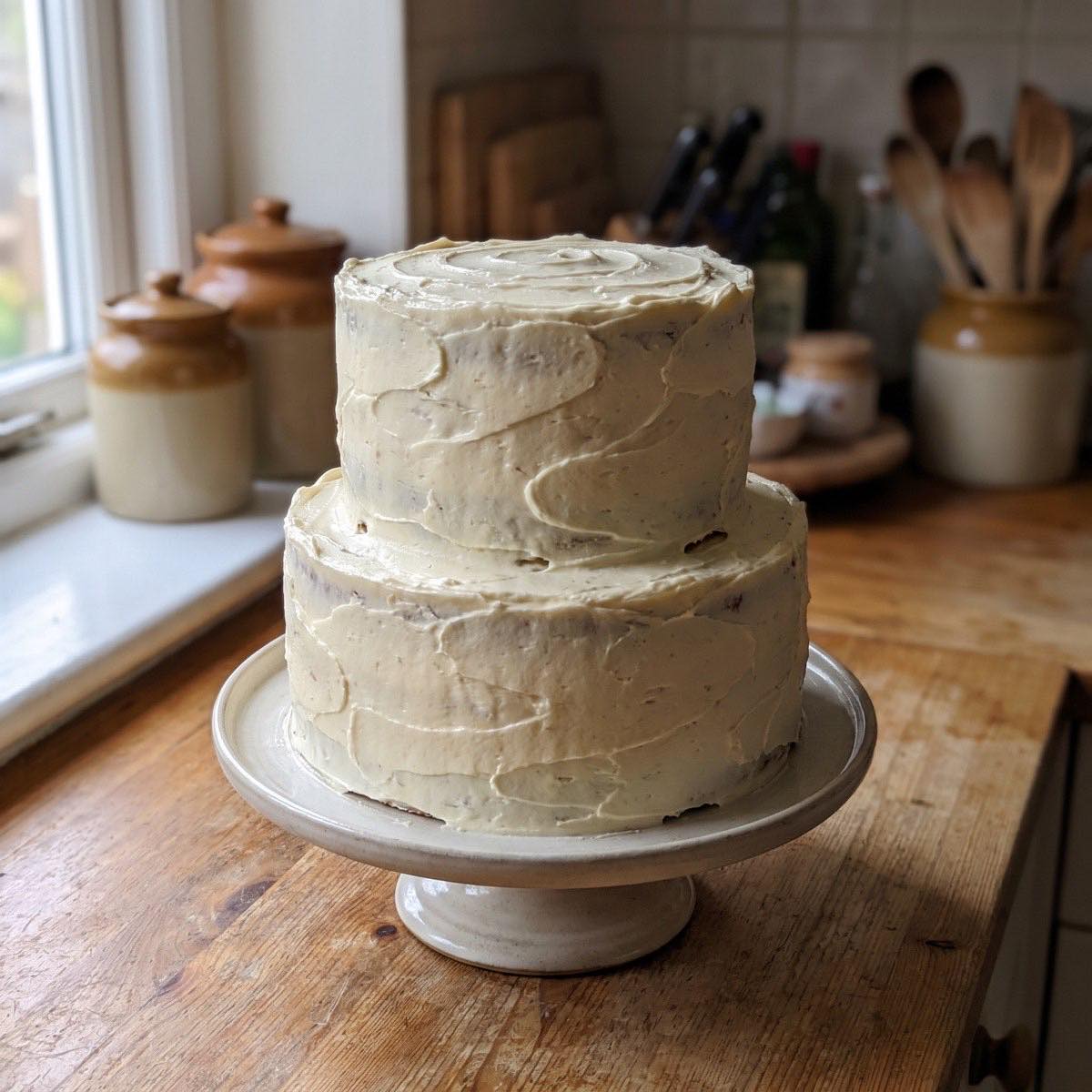 Two-tier cake finished with hand-swept buttercream on a ceramic stand in a home kitchen