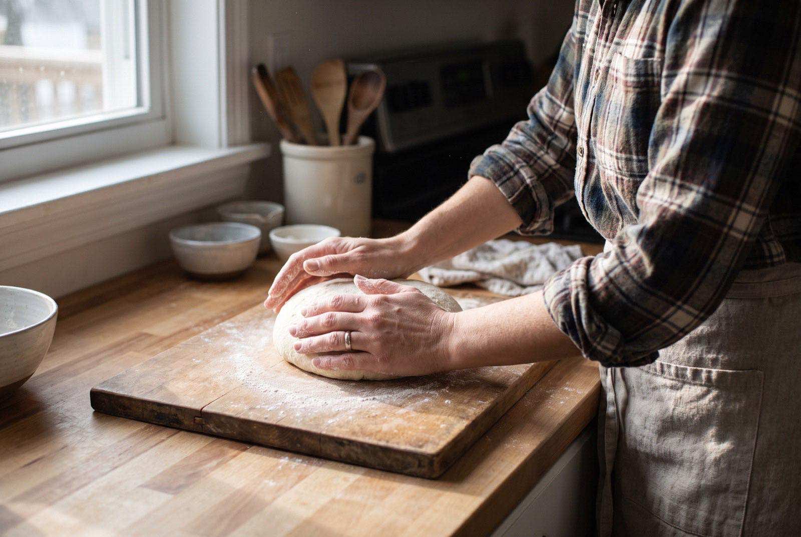 Hands shaping a round of dough on a floured board at a home kitchen counter, sleeves rolled and apron on