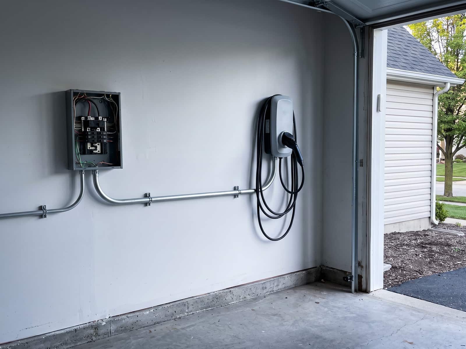 Wall-mounted EV charger installed level in a garage beside a small subpanel