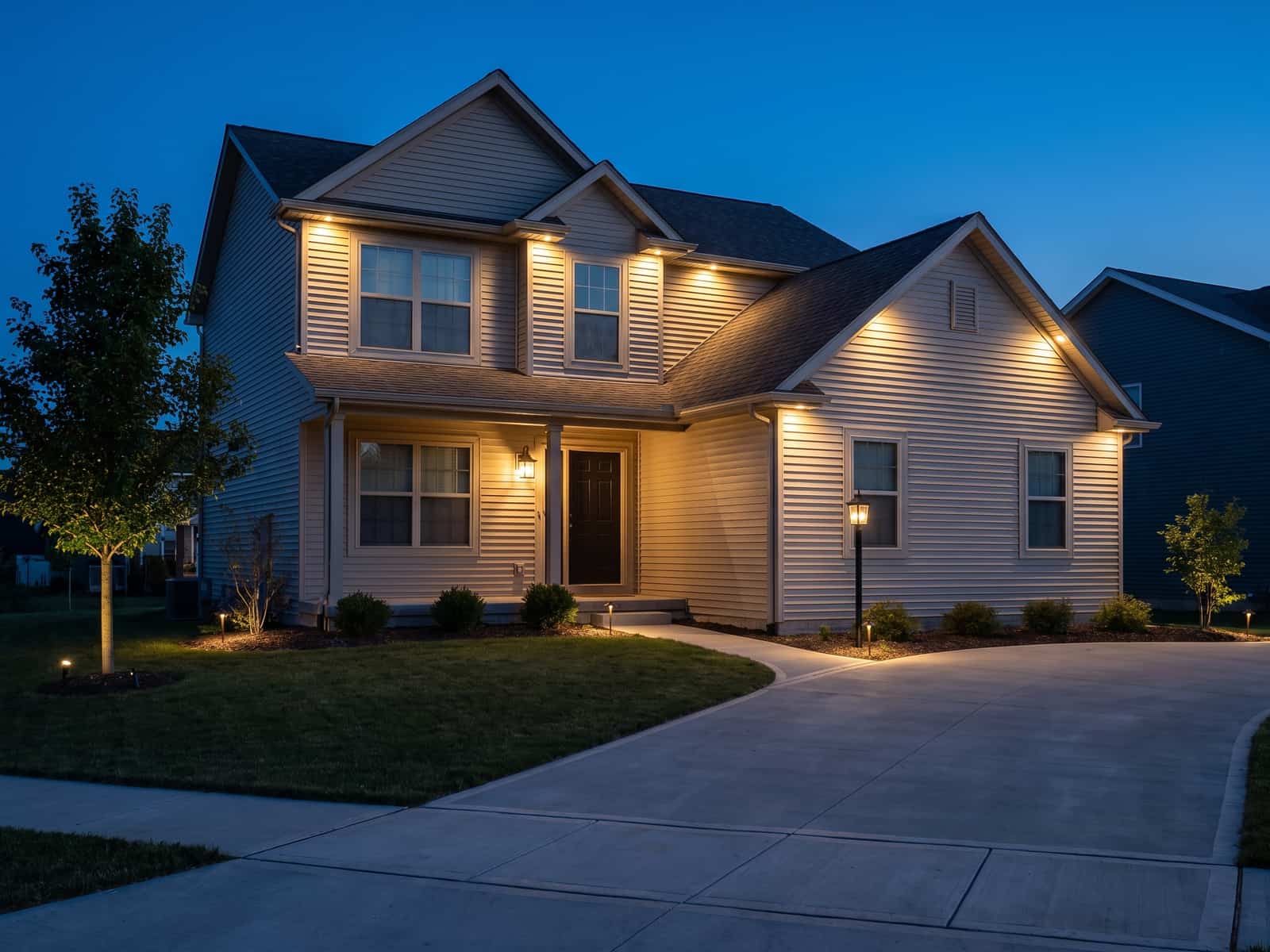 Two-story house at dusk with warm soffit downlights under the eaves, porch lanterns and path lights along the drive