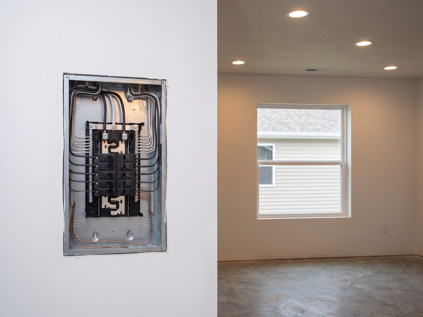Recessed can lights installed in an even grid across a finished ceiling