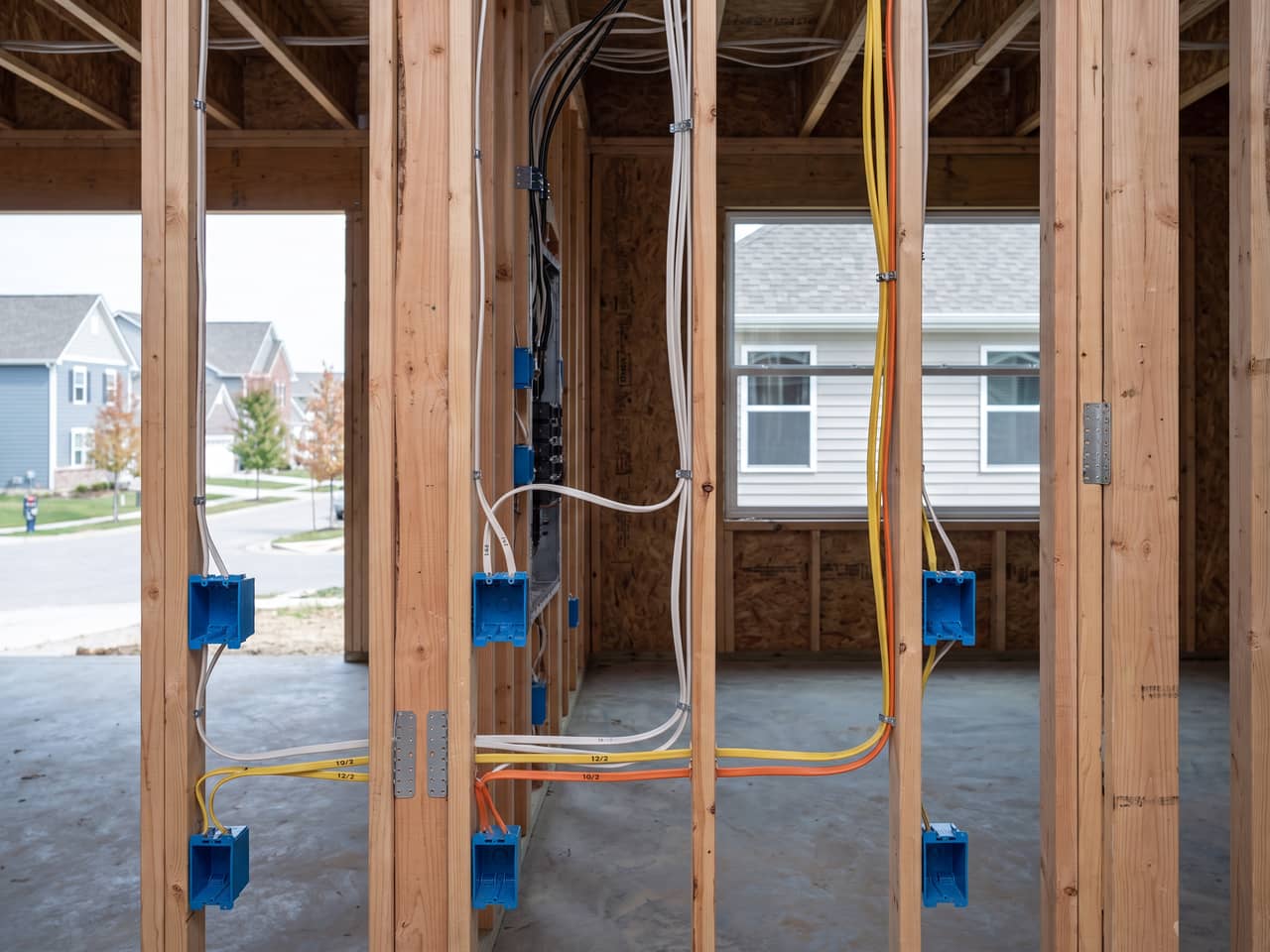 Electrical rough-in in an open stud wall, boxes set to consistent height and cable stapled