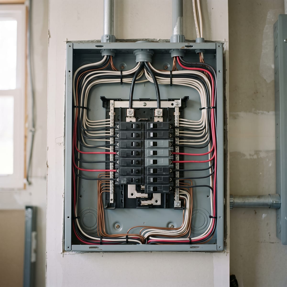An open breaker panel on a concrete wall, conductors combed into clean parallel runs